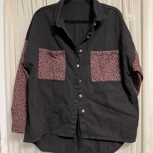 Black jean shirt/jacket with cheetah pockets and sleeves
